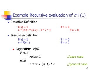 Example Recursive evaluation of n ! (1)
Iterative Definition
     F(n) = 1                       if n = 0
     n * (n-1) * (n-2)… 3 * 2 * 1              if n > 0

Recursive definition
     F(n) = 1                       if n = 0
     n * F(n-1)                     if n > 0

   Algorithm F(n)
      if n=0
              return 1                    //base case
      else
              return F (n -1) * n         //general case
                                                          36
 