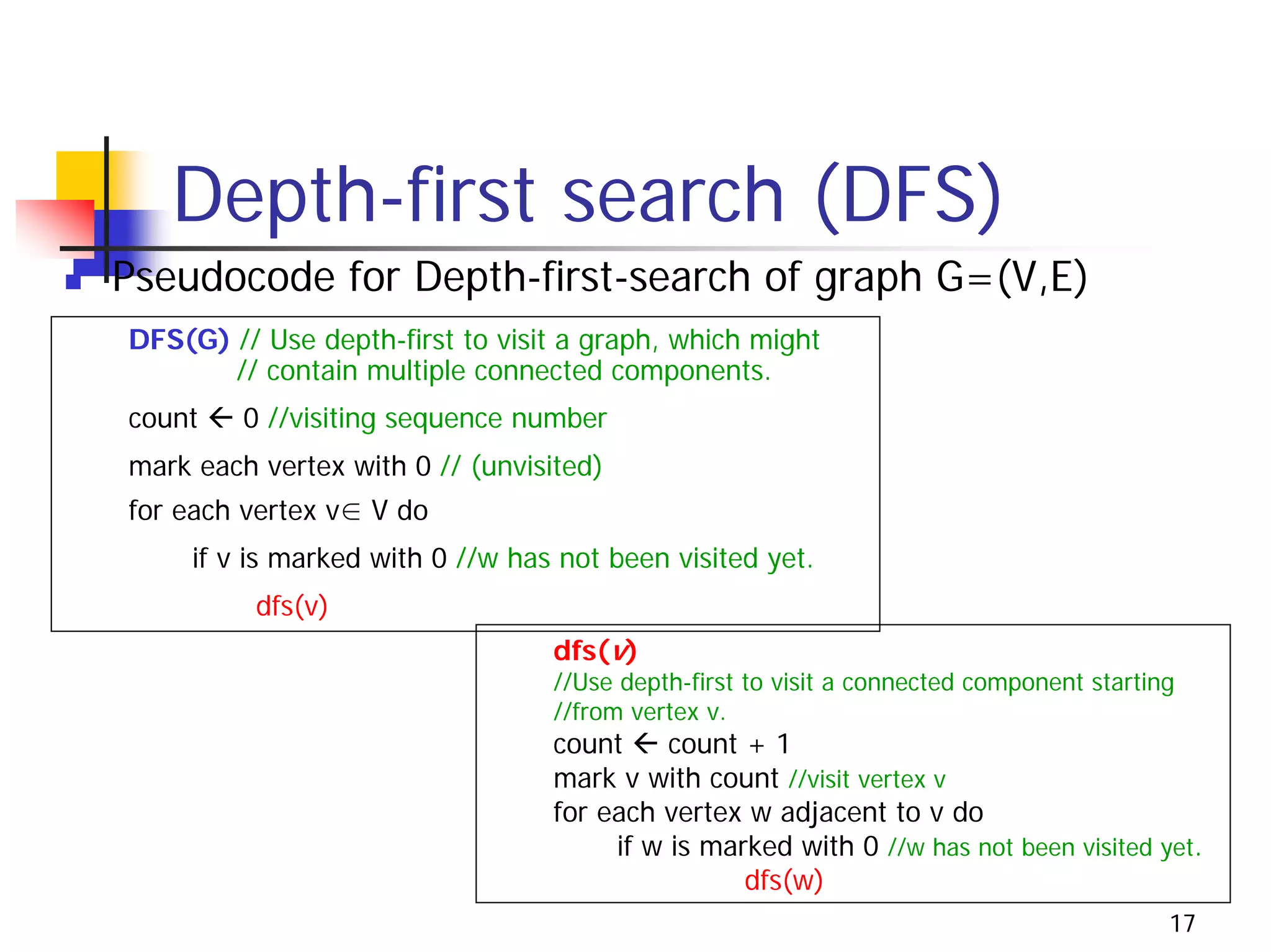 Depth-first search (DFS)
Pseudocode for Depth-first-search of graph G=(V,E)
DFS(G) // Use depth-first to visit a graph, which might
       // contain multiple connected components.
count    0 //visiting sequence number
mark each vertex with 0 // (unvisited)
for each vertex v∈ V do
     if v is marked with 0 //w has not been visited yet.
          dfs(v)
                                  dfs(v)
                                  //Use depth-first to visit a connected component starting
                                  //from vertex v.
                                  count     count + 1
                                  mark v with count //visit vertex v
                                  for each vertex w adjacent to v do
                                       if w is marked with 0 //w has not been visited yet.
                                                  dfs(w)
                                                                                          17
 