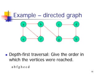Example – directed graph
       a        b         c        d



       e        f         g        h



Depth-first traversal: Give the order in
which the vertices were reached.
 abfghecd
                                           19
 