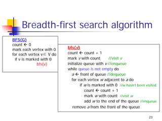 Breadth-first search algorithm
BFS(G)
count      0
mark each vertex with 0   bfs(v)
for each vertex v∈ V do   count        count + 1
  if v is marked with 0   mark v with count         //visit v
               bfs(v)     initialize queue with v //enqueue
                          while queue is not empty do
                             a      front of queue //dequeue
                             for each vertex w adjacent to a do
                                   if w is marked with 0 //w hasn’t been visited.
                                      count     count + 1
                                      mark w with count //visit w
                                      add w to the end of the queue //enqueue
                              remove a from the front of the queue

                                                                           23
 