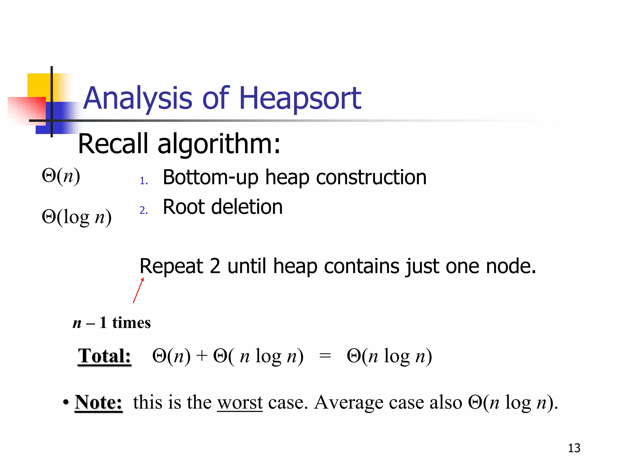 Analysis of Heapsort
    Recall algorithm:
Θ(n)        1.   Bottom-up heap construction
Θ(log n)    2.   Root deletion

            Repeat 2 until heap contains just one node.

   n – 1 times
    Total: Θ(n) + Θ( n log n) = Θ(n log n)

  • Note: this is the worst case. Average case also Θ(n log n).

                                                                  13
 
