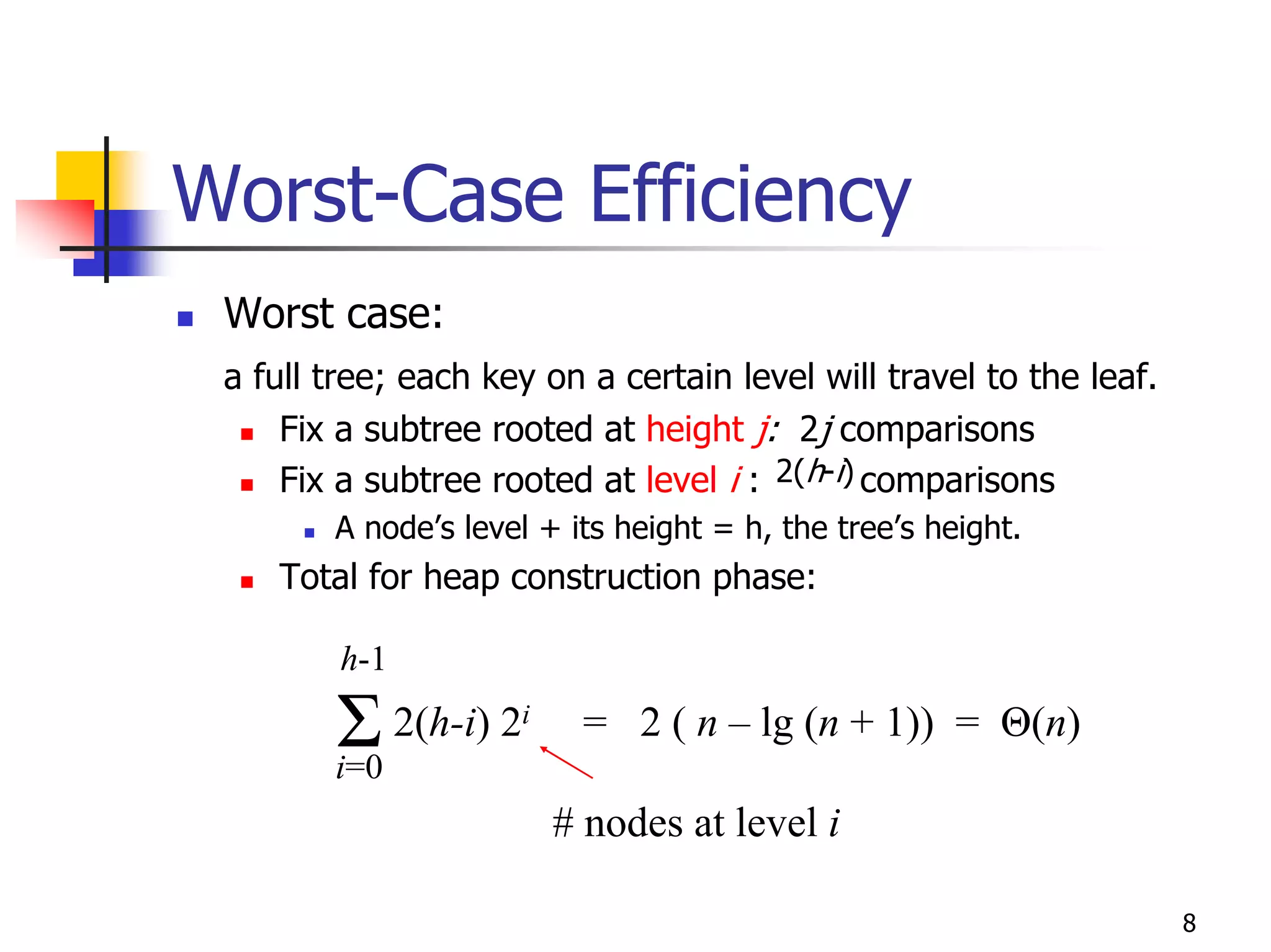 Worst-Case Efficiency
 Worst case:
 a full tree; each key on a certain level will travel to the leaf.
     Fix a subtree rooted at height j: 2j comparisons
     Fix a subtree rooted at level i : 2(h-i) comparisons
        A node’s level + its height = h, the tree’s height.
    Total for heap construction phase:

         h-1

        Σ 2(h-i) 2
        i=0
                     i    = 2 ( n – lg (n + 1)) = Θ(n)

                         # nodes at level i

                                                                     8
 
