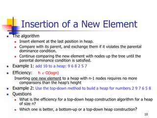 Insertion of a New Element
The algorithm
   Insert element at the last position in heap.
   Compare with its parent, and exchange them if it violates the parental
   dominance condition.
   Continue comparing the new element with nodes up the tree until the
   parental dominance condition is satisfied.
Example 1: add 10 to a heap: 9 6 8 2 5 7
Efficiency:   h ∈ O(logn)
 Inserting one new element to a heap with n-1 nodes requires no more
    comparisons than the heap’s height
Example 2: Use the top-down method to build a heap for numbers 2 9 7 6 5 8
Questions
   What is the efficiency for a top-down heap construction algorithm for a heap
   of size n?
   Which one is better, a bottom-up or a top-down heap construction?
                                                                            10
 