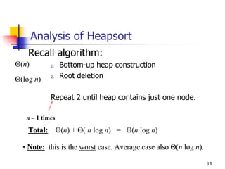 Analysis of Heapsort
    Recall algorithm:
Θ(n)        1.   Bottom-up heap construction
Θ(log n)    2.   Root deletion

            Repeat 2 until heap contains just one node.

   n – 1 times
    Total: Θ(n) + Θ( n log n) = Θ(n log n)

  • Note: this is the worst case. Average case also Θ(n log n).

                                                                  13
 
