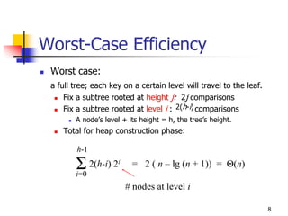Worst-Case Efficiency
 Worst case:
 a full tree; each key on a certain level will travel to the leaf.
     Fix a subtree rooted at height j: 2j comparisons
     Fix a subtree rooted at level i : 2(h-i) comparisons
        A node’s level + its height = h, the tree’s height.
    Total for heap construction phase:

         h-1

        Σ 2(h-i) 2
        i=0
                     i    = 2 ( n – lg (n + 1)) = Θ(n)

                         # nodes at level i

                                                                     8
 