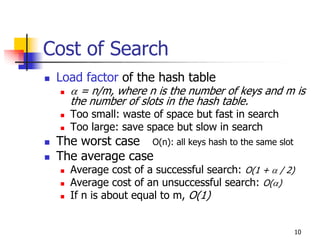 Cost of Search
 Load factor of the hash table
    α = n/m, where n is the number of keys and m is
    the number of slots in the hash table.
    Too small: waste of space but fast in search
    Too large: save space but slow in search
 The worst case O(n): all keys hash to the same slot
 The average case
    Average cost of a successful search: O(1 + α / 2)
    Average cost of an unsuccessful search: O(α)
    If n is about equal to m, O(1)


                                                       10
 
