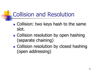 Collision and Resolution
 Collision: two keys hash to the same
 slot.
 Collision resolution by open hashing
 (separate chaining)
 Collision resolution by closed hashing
 (open addressing)


                                          8
 