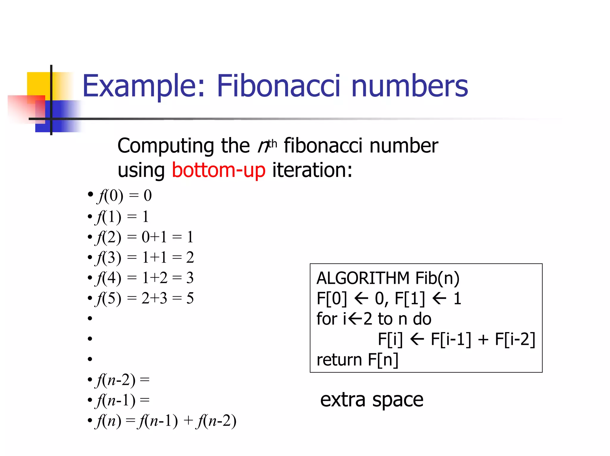 Example: Fibonacci numbers
    Computing the nth fibonacci number
    using bottom-up iteration:
• f(0) = 0
• f(1) = 1
• f(2) = 0+1 = 1
• f(3) = 1+1 = 2
• f(4) = 1+2 = 3           ALGORITHM Fib(n)
• f(5) = 2+3 = 5           F[0]    0, F[1]    1
•                          for i 2 to n do
•                                  F[i]    F[i-1] + F[i-2]
•                          return F[n]
• f(n-2) =
• f(n-1) =                 extra space
• f(n) = f(n-1) + f(n-2)
 