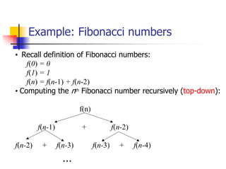 Example: Fibonacci numbers
• Recall definition of Fibonacci numbers:
    f(0) = 0
    f(1) = 1
    f(n) = f(n-1) + f(n-2)
• Computing the nth Fibonacci number recursively (top-down):

                           f(n)

         f(n-1)            +               f(n-2)

f(n-2)    +       f(n-3)          f(n-3)     +      f(n-4)
                    ...
 