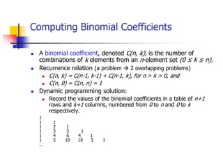 Computing Binomial Coefficients

  A binomial coefficient, denoted C(n, k), is the number of
  combinations of k elements from an n-element set (0 ≤ k ≤ n).
  Recurrence relation (a problem 2 overlapping problems)
     C(n, k) = C(n-1, k-1) + C(n-1, k), for n > k > 0, and
     C(n, 0) = C(n, n) = 1
  Dynamic programming solution:
     Record the values of the binomial coefficients in a table of n+1
     rows and k+1 columns, numbered from 0 to n and 0 to k
      respectively.
  1
  1    1
  1    2     1
  1    3     3        1
  1    4     6    4       1
  1    5    10    10      5   1
  …
 