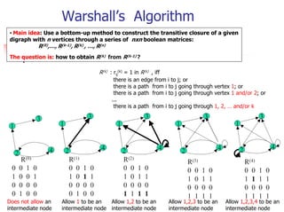 Warshall’s Algorithm
• Main idea: Use a bottom-up method to construct the transitive closure of a given
digraph with n vertices through a series of nxn boolean matrices:
                     R(0),…, R(k-1), R(k) , …, R(n)
The question is: how to obtain R(k) from R(k-1) ?

                                                  R(k) : rij(k) = 1 in R(k) , iff
                                                         there   is an edge from i to j; or
                                                         there   is a path from i to j going through vertex 1; or
                                                         there   is a path from i to j going through vertex 1 and/or 2; or
                                                        ...
                                                         there   is a path from i to j going through 1, 2, … and/or k

                 3                            3                           3                           3                              3
 1                            1                            1                           1                              1


                         4                         4                            4                             4           2                  4
     2                            2                            2                           2
          R(0)                     R(1)                        R(2)                            R(3)                           R(4)
 0       0 1     0                 0 0    1   0                0 0    1   0                    0 0    1   0                   0 0    1   0
 1       0 0     1                 1 0    1   1                1 0    1   1                    1 0    1   1                   1 1    1   1
 0       0 0     0                 0 0    0   0                0 0    0   0                    0 0    0   0                   0 0    0   0
 0       1 0     0                 0 1    0   0                1 1    1   1                    1 1    1   1                   1 1    1   1
Does not allow an              Allow 1 to be an  Allow 1,2 to be an                 Allow 1,2,3 to be an          Allow 1,2,3,4 to be an
intermediate node              intermediate node intermediate node                  intermediate node             intermediate node
 