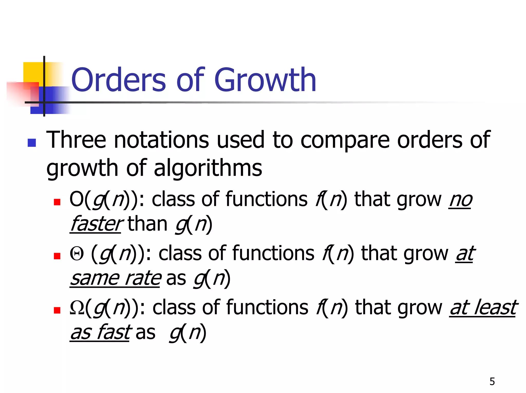 Orders of Growth
Three notations used to compare orders of
growth of algorithms
  O(g(n)): class of functions f(n) that grow no
  faster than g(n)
  Θ (g(n)): class of functions f(n) that grow at
  same rate as g(n)
  Ω(g(n)): class of functions f(n) that grow at least
  as fast as g(n)

                                                  5
 