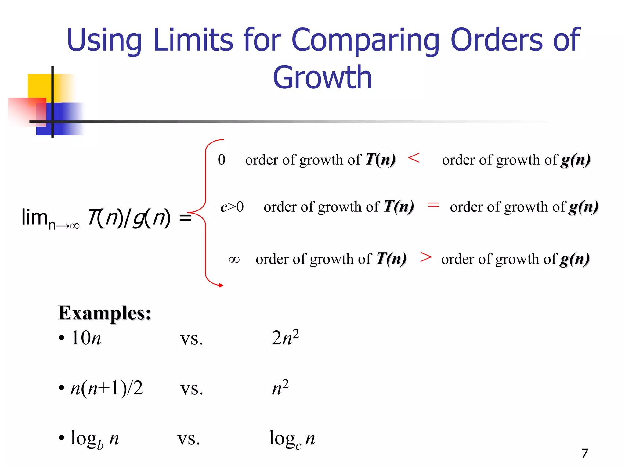 Using Limits for Comparing Orders of
                   Growth

                      0       order of growth of T(n)    <       order of growth of g(n)


                      c>0       order of growth of T(n)      =    order of growth of g(n)
limn→∞ T(n)/g(n) =
                          ∞    order of growth of T(n)       >   order of growth of g(n)


   Examples:
   • 10n        vs.               2n2

   • n(n+1)/2   vs.               n2

   • logb n     vs.              logc n
                                                                                      7
 