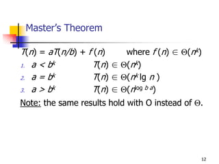 Master’s Theorem

T(n) = aT(n/b) + f (n)    where f (n) ∈ Θ(nk)
1. a < bk         T(n) ∈ Θ(nk)
2. a = bk         T(n) ∈ Θ(nk lg n )
3. a > bk         T(n) ∈ Θ(nlog b a)
Note: the same results hold with O instead of Θ.




                                               12
 
