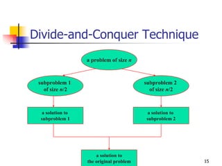 Divide-and-Conquer Technique
                  a problem of size n



 subproblem 1                            subproblem 2
   of size n/2                             of size n/2



  a solution to                           a solution to
 subproblem 1                            subproblem 2




                      a solution to
                  the original problem                    15
 