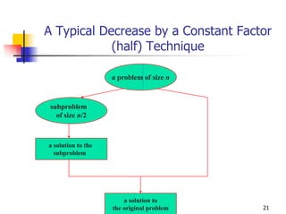 A Typical Decrease by a Constant Factor
            (half) Technique

                    a problem of size n



 subproblem
   of size n/2



a solution to the
  subproblem




                        a solution to
                    the original problem   21
 