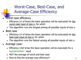 Worst-Case, Best-Case, and
       Average-Case Efficiency
Worst case efficiency
  Efficiency (# of times the basic operation will be executed) for the
  worst case input of size n, for which
  The algorithm runs the longest among all possible inputs of size n.
Best case
  Efficiency (# of times the basic operation will be executed) for the
  best case input of size n, for which
  The algorithm runs the fastest among all possible inputs of size n.
Average case:
  Efficiency (#of times the basic operation will be executed) for a
  typical/random input
  NOT the average of worst and best case
  How to find the average case efficiency?                            4
 