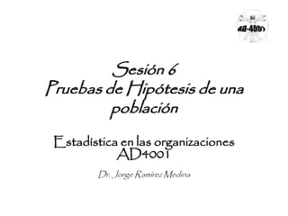 Sesión 6
Pruebas de Hipótesis de una
población
Estadística en las organizaciones
AD4001
Dr. Jorge Ramírez Medina
 