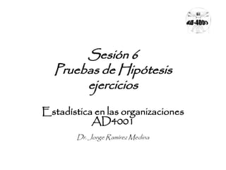 Sesión 6
Pruebas de Hipótesis
ejercicios
Estadística en las organizaciones
AD4001
Dr. Jorge Ramírez Medina
 