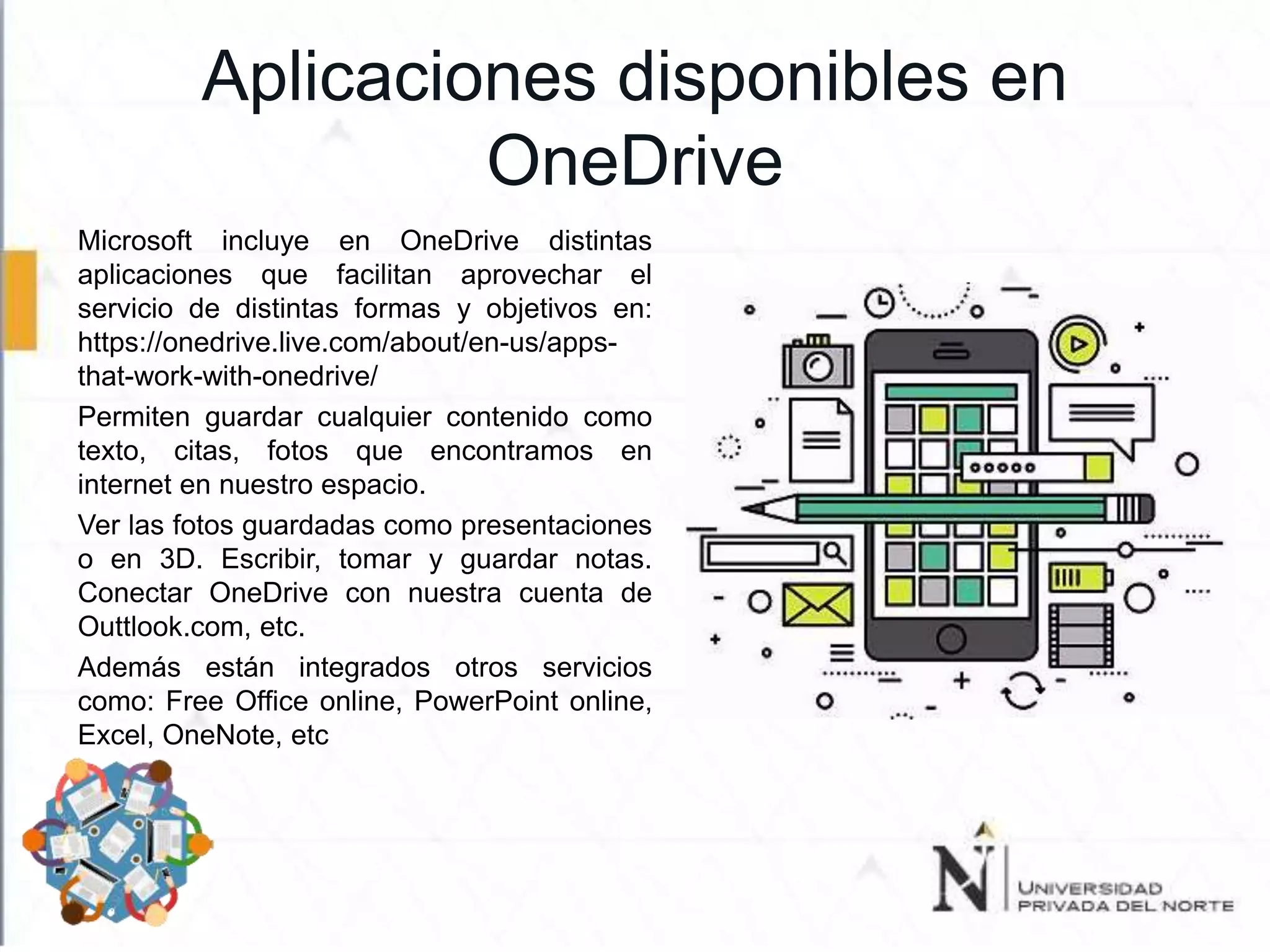 Aplicaciones disponibles en
OneDrive
Microsoft incluye en OneDrive distintas
aplicaciones que facilitan aprovechar el
servicio de distintas formas y objetivos en:
https://onedrive.live.com/about/en-us/apps-
that-work-with-onedrive/
Permiten guardar cualquier contenido como
texto, citas, fotos que encontramos en
internet en nuestro espacio.
Ver las fotos guardadas como presentaciones
o en 3D. Escribir, tomar y guardar notas.
Conectar OneDrive con nuestra cuenta de
Outtlook.com, etc.
Además están integrados otros servicios
como: Free Office online, PowerPoint online,
Excel, OneNote, etc
 