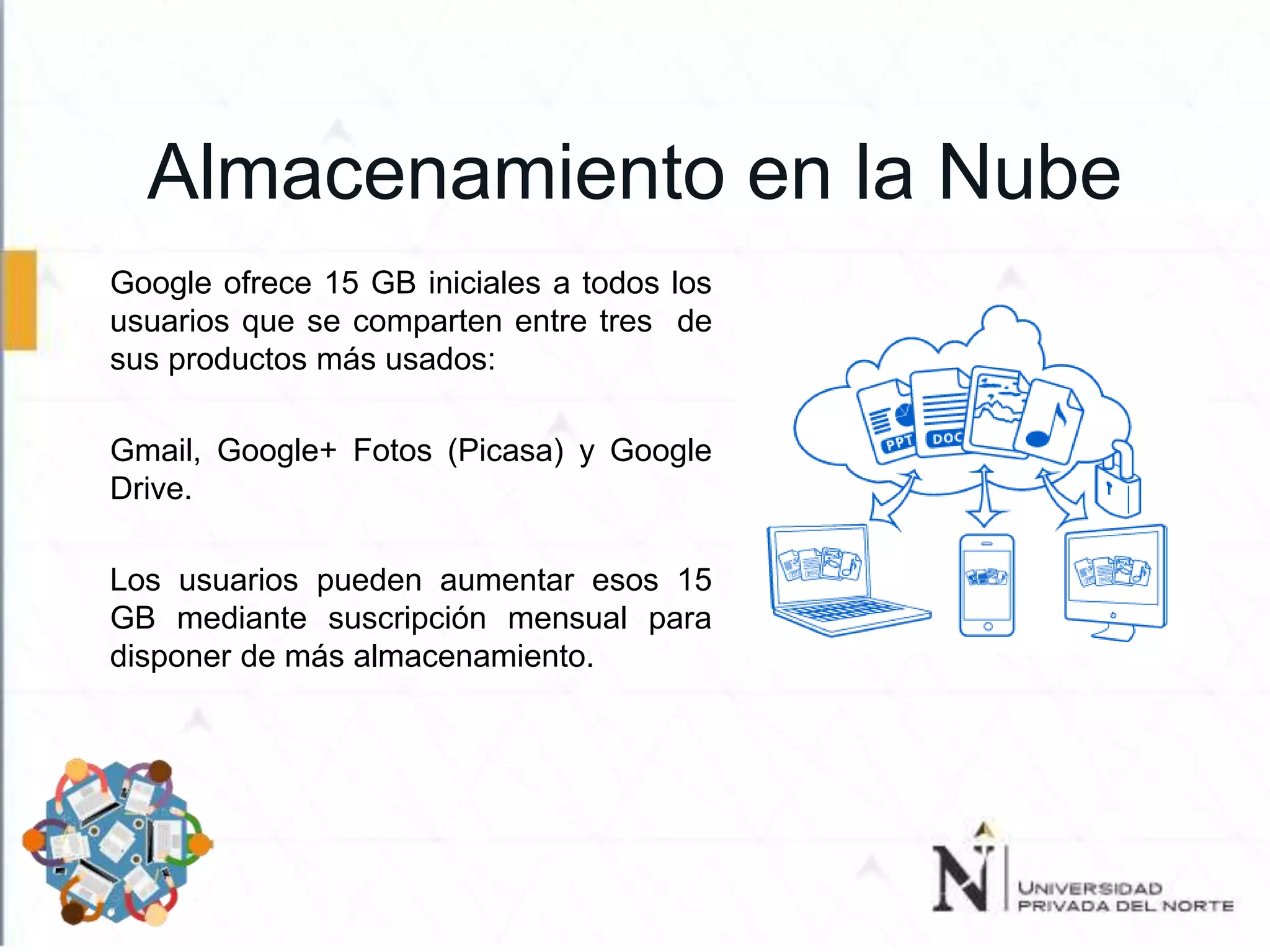 Almacenamiento en la Nube
Google ofrece 15 GB iniciales a todos los
usuarios que se comparten entre tres de
sus productos más usados:
Gmail, Google+ Fotos (Picasa) y Google
Drive.
Los usuarios pueden aumentar esos 15
GB mediante suscripción mensual para
disponer de más almacenamiento.
 