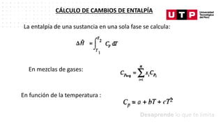 Datos/Observaciones
CÁLCULO DE CAMBIOS DE ENTALPÍA
La entalpía de una sustancia en una sola fase se calcula:
En mezclas de gases:
En función de la temperatura :
 