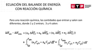 Datos/Observaciones
Para una reacción química, las cantidades que entran y salen son
diferentes, donde 1 y 2 entran; 3 y 4 salen:
ECUACIÓN DEL BALANDE DE ENERGÍA
CON REACCIÓN QUÍMICA
 