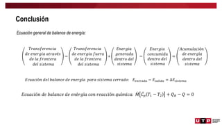 Conclusión
Ecuación general de balance de energía:
𝑇𝑟𝑎𝑛𝑠𝑓𝑒𝑟𝑒𝑛𝑐𝑖𝑎
𝑑𝑒 𝑒𝑛𝑒𝑟𝑔𝑖𝑎 𝑎𝑡𝑟𝑎𝑣é𝑠
𝑑𝑒 𝑙𝑎 𝑓𝑟𝑜𝑛𝑡𝑒𝑟𝑎
𝑑𝑒𝑙 𝑠𝑖𝑠𝑡𝑒𝑚𝑎
−
𝑇𝑟𝑎𝑛𝑠𝑓𝑒𝑟𝑒𝑛𝑐𝑖𝑎
𝑑𝑒 𝑒𝑛𝑒𝑟𝑔𝑖𝑎 𝑓𝑢𝑒𝑟𝑎
𝑑𝑒 𝑙𝑎 𝑓𝑟𝑜𝑛𝑡𝑒𝑟𝑎
𝑑𝑒𝑙 𝑠𝑖𝑠𝑡𝑒𝑚𝑎
+
𝐸𝑛𝑒𝑟𝑔𝑖𝑎
𝑔𝑒𝑛𝑒𝑟𝑎𝑑𝑎
𝑑𝑒𝑛𝑡𝑟𝑜 𝑑𝑒𝑙
𝑠𝑖𝑠𝑡𝑒𝑚𝑎
−
𝐸𝑛𝑒𝑟𝑔𝑖𝑎
𝑐𝑜𝑛𝑠𝑢𝑚𝑖𝑑𝑎
𝑑𝑒𝑛𝑡𝑟𝑜 𝑑𝑒𝑙
𝑠𝑖𝑠𝑡𝑒𝑚𝑎
=
𝐴𝑐𝑢𝑚𝑢𝑙𝑎𝑐𝑖ó𝑛
𝑑𝑒 𝑒𝑛𝑒𝑟𝑔í𝑎
𝑑𝑒𝑛𝑡𝑟𝑜 𝑑𝑒𝑙
𝑠𝑖𝑠𝑡𝑒𝑚𝑎
𝐸𝑐𝑢𝑎𝑐𝑖ó𝑛 𝑑𝑒𝑙 𝑏𝑎𝑙𝑎𝑛𝑐𝑒 𝑑𝑒 𝑒𝑛𝑒𝑟𝑔í𝑎 𝑝𝑎𝑟𝑎 𝑠𝑖𝑠𝑡𝑒𝑚𝑎 𝑐𝑒𝑟𝑟𝑎𝑑𝑜: 𝐸𝑒𝑛𝑡𝑟𝑎𝑑𝑎 − 𝐸𝑠𝑎𝑙𝑖𝑑𝑎 = ∆𝐸𝑠𝑖𝑠𝑡𝑒𝑚𝑎
𝐸𝑐𝑢𝑎𝑐𝑖ó𝑛 𝑑𝑒 𝑏𝑎𝑙𝑎𝑛𝑐𝑒 𝑑𝑒 𝑒𝑛é𝑟𝑔í𝑎 𝑐𝑜𝑛 𝑟𝑒𝑎𝑐𝑐𝑖ó𝑛 𝑞𝑢í𝑚𝑖𝑐𝑎: 𝑀 𝐶𝑝 𝑇1 − 𝑇2 + 𝑄𝑅 − 𝑄 = 0
 