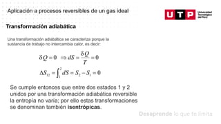 Datos/Observaciones
Aplicación a procesos reversibles de un gas ideal
Una transformación adiabática se caracteriza porque la
sustancia de trabajo no intercambia calor, es decir:
Transformación adiabática
Se cumple entonces que entre dos estados 1 y 2
unidos por una transformación adiabática reversible
la entropía no varía; por ello estas transformaciones
se denominan también isentrópicas.
 