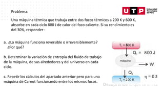 Datos/Observaciones
Una máquina térmica que trabaja entre dos focos térmicos a 200 K y 600 K,
absorbe en cada ciclo 800 J de calor del foco caliente. Si su rendimiento es
del 30%, responder :
Problema:
a. ¿La máquina funciona reversible o irreversiblemente?
¿Por qué?
b. Determinar la variación de entropía del fluido de trabajo
de la máquina, de sus alrededores y del universo en cada
ciclo.
c. Repetir los cálculos del apartado anterior pero para una
máquina de Carnot funcionando entre los mismos focos.
 