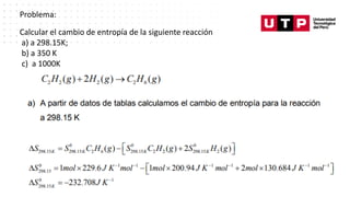 Datos/Observaciones
Calcular el cambio de entropía de la siguiente reacción
a) a 298.15K;
b) a 350 K
c) a 1000K
Problema:
 