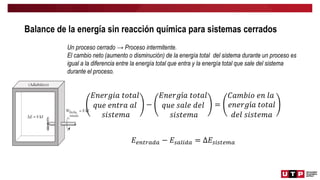 Balance de la energía sin reacción química para sistemas cerrados
Un proceso cerrado → Proceso intermitente.
El cambio neto (aumento o disminución) de la energía total del sistema durante un proceso es
igual a la diferencia entre la energía total que entra y la energía total que sale del sistema
durante el proceso.
𝐸𝑛𝑒𝑟𝑔𝑖𝑎 𝑡𝑜𝑡𝑎𝑙
𝑞𝑢𝑒 𝑒𝑛𝑡𝑟𝑎 𝑎𝑙
𝑠𝑖𝑠𝑡𝑒𝑚𝑎
−
𝐸𝑛𝑒𝑟𝑔í𝑎 𝑡𝑜𝑡𝑎𝑙
𝑞𝑢𝑒 𝑠𝑎𝑙𝑒 𝑑𝑒𝑙
𝑠𝑖𝑠𝑡𝑒𝑚𝑎
=
𝐶𝑎𝑚𝑏𝑖𝑜 𝑒𝑛 𝑙𝑎
𝑒𝑛𝑒𝑟𝑔í𝑎 𝑡𝑜𝑡𝑎𝑙
𝑑𝑒𝑙 𝑠𝑖𝑠𝑡𝑒𝑚𝑎
𝐸𝑒𝑛𝑡𝑟𝑎𝑑𝑎 − 𝐸𝑠𝑎𝑙𝑖𝑑𝑎 = ∆𝐸𝑠𝑖𝑠𝑡𝑒𝑚𝑎
 