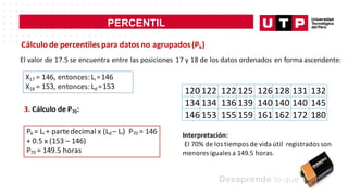 PERCENTIL
Cálculo de percentilespara datosno agrupados(Pk)
El valor de 17.5 se encuentra entre las posiciones 17 y 18 de los datos ordenados en forma ascendente:
X17 = 146, entonces:Li =146
X18 = 153, entonces:Ld =153
3. Cálculo de P70:
Pk = Li + partedecimal x (Ld – Li) P70 = 146
+ 0.5 x (153 – 146)
P70 = 149.5 horas
120 122 122 125 126 128 131 132
134 134 136 139 140 140 140 145
146 153 155 159 161 162 172 180
Interpretación:
El 70% de los tiempos de vida útil registrados son
menores iguales a 149.5 horas.
 