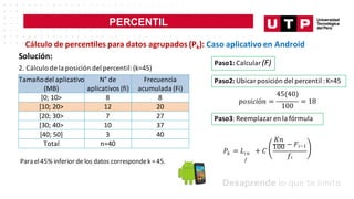 PERCENTIL
Cálculo de percentiles para datos agrupados (Pk): Caso aplicativo en Android
Solución:
2. Cálculo de la posición del percentil:(k=45)
Tamañodel aplicativo
(MB)
N° de
aplicativos (fi)
Frecuencia
acumulada (Fi)
[0; 10> 8 8
[10; 20> 12 20
[20; 30> 7 27
[30; 40> 10 37
[40; 50] 3 40
Total n=40
Para el45% inferior de los datos correspondek =45.
Paso1: Calcular (F)
Paso2: Ubicar posición del percentil :K=45
𝑘 𝑖𝑛
𝑓
𝑃 = 𝐿 + 𝐶
𝐾𝑛
100 − 𝐹𝑖−1
𝑓𝑖
Paso3: Reemplazar en la fórmula
100
45(40)
𝑝𝑜𝑠𝑖𝑐𝑖ó𝑛 = = 18
 