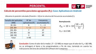 PERCENTIL
Tamaño del aplicativo
(MB)
N° de
aplicativos (fi)
Frecuencia
acumulada (Fi)
[0; 10> 8 Fi-1 = 8
[10; 20> fi = 12 Fi = 20
[20; 30> 7 27
[30; 40> 10 37
[40; 50] 3 40
Total n=40
45
𝑃 = 10 + 10
18 − 8
12
Cálculo de percentiles para datos agrupados (Pk): Caso: Aplicativosen Android
Ubicamos la posición calculada (Posición = 18) en la columna de frecuencias acumuladas(Fi).
Reemplazando
𝑃45 = 18.3 MB
Conclusión: Como el valor de la media ( 𝑋 = 22 MB) es mayor que el valor de P45= 18.3 MB,
no se entregará el bono a los programadores a fin de mes; teniendo en cuenta las
indicaciones del área de calidad del software de la empresa.
 