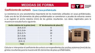 MEDIDAS DE FORMA
Caso: Casa prefabricada
La resistencia es una característica importante de los materiales utilizados en casas prefabricadas.
Cada uno de los 50 elementos de placa prefabricados se sometieron a prueba de esfuerzo severo
y se registró el ancho máximo (mm) de las grietas resultantes. Los datos registrados para la
muestra en estudio fuela siguiente:
Ancho máximo de la grieta (mm) N° de elementos de placa (fi)
[0.4; 0.5> 6
[0.5; 0.6> 14
[0.6; 0.7> 10
[0.7; 0.8> 9
[0.8; 0.9] 4
[0.9; 1] 7
Total 50
Calcular e interpretar el coeficientedecurtosis correspondientea los anchos máximos (mm) de las
grietas resultantes para la muestrade50 elementos deplaca prefabricados.
Coeficientede curtosis
 