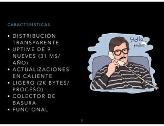 C A R A C T E R Í S T I C A S
• D I S T R I B U C I Ó N
T R A N S PA R E N T E
• U P T I M E D E 9
N U E V E S ( 3 1 M S /
A Ñ O )
• A C T U A L I Z A C I O N E S
E N C A L I E N T E
• L I G E R O ( 2 K B Y T E S /
P R O C E S O )
• C O L E C T O R D E
B A S U R A
• F U N C I O N A L
5
 