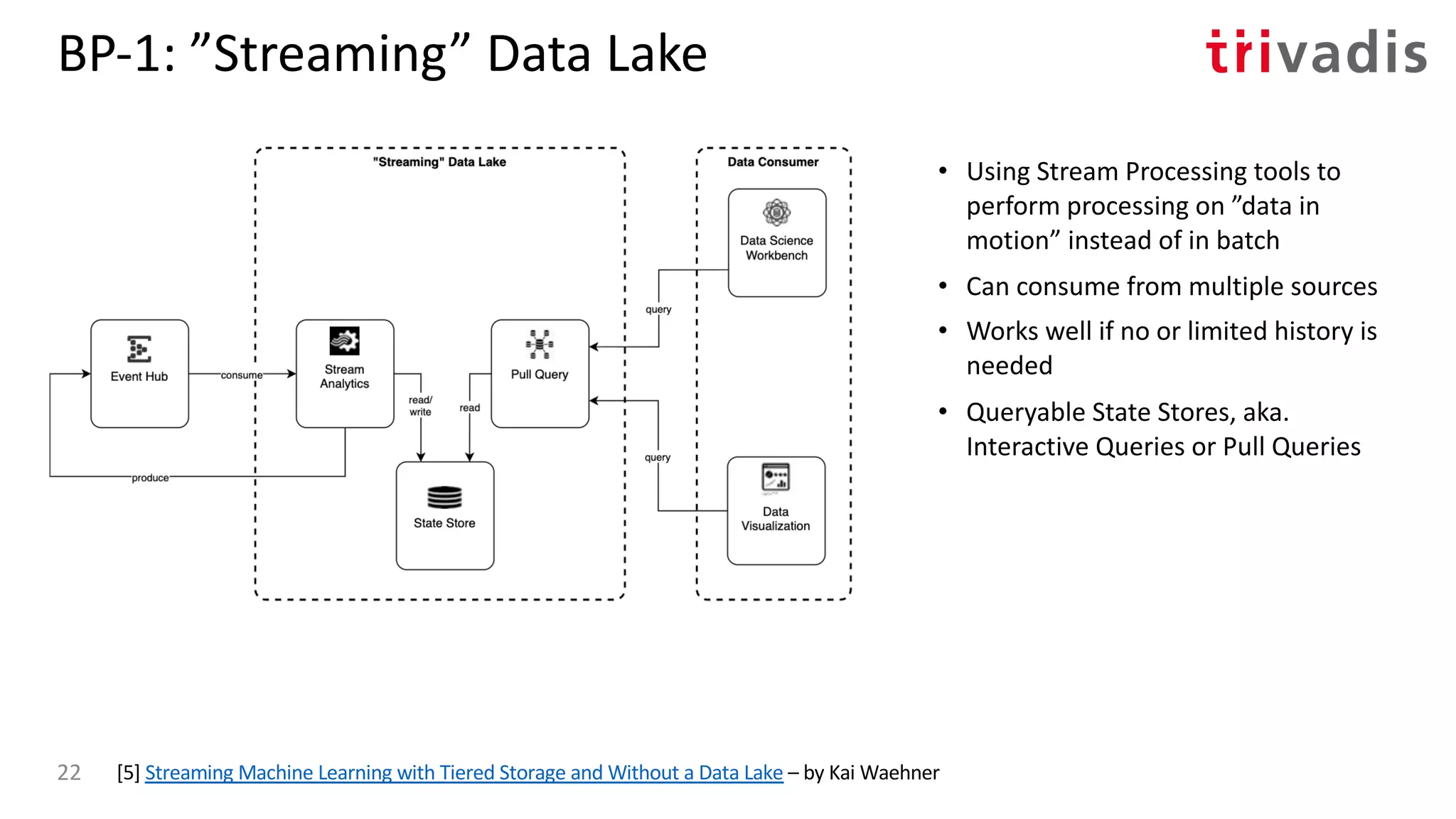 BP-1: ”Streaming” Data Lake
• Using Stream Processing tools to
perform processing on ”data in
motion” instead of in batch
• Can consume from multiple sources
• Works well if no or limited history is
needed
• Queryable State Stores, aka.
Interactive Queries or Pull Queries
[5] Streaming Machine Learning with Tiered Storage and Without a Data Lake – by Kai Waehner22
 