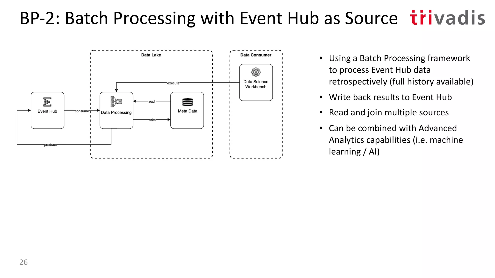BP-2: Batch Processing with Event Hub as Source
• Using a Batch Processing framework
to process Event Hub data
retrospectively (full history available)
• Write back results to Event Hub
• Read and join multiple sources
• Can be combined with Advanced
Analytics capabilities (i.e. machine
learning / AI)
26
 