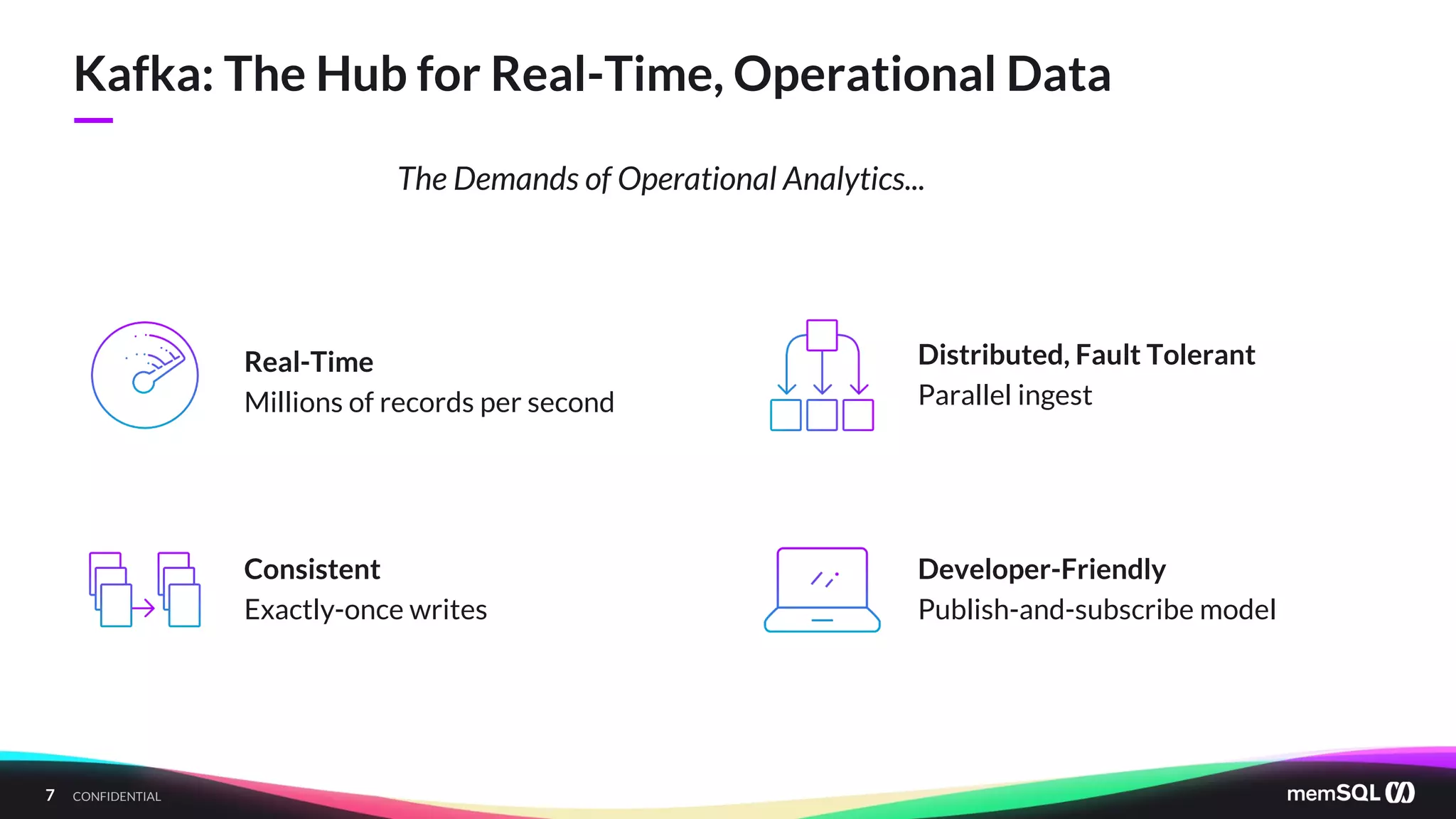 7 CONFIDENTIAL
—
Kafka: The Hub for Real-Time, Operational Data
Real-Time
Millions of records per second
Consistent
Exactly-once writes
Distributed, Fault Tolerant
Parallel ingest
Developer-Friendly
Publish-and-subscribe model
The Demands of Operational Analytics...
 
