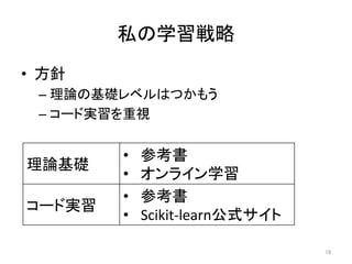 私の学習戦略	
•  方針	
– 理論の基礎レベルはつかもう	
– コード実習を重視	
18	
理論基礎	
•  参考書	
•  オンライン学習	
コード実習	
•  参考書	
•  Scikit-learn公式サイト	
 