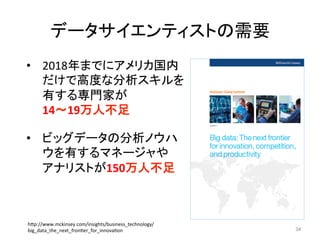 データサイエンティストの需要	
34	
h7p://www.mckinsey.com/insights/business_technology/
big_data_the_next_fronJer_for_innovaJon	
•  2018年までにアメリカ国内
だけで高度な分析スキルを
有する専門家が　　　　　
14〜19万人不足	
•  ビッグデータの分析ノウハ
ウを有するマネージャや　
アナリストが150万人不足	
 