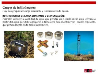 Grupos de infiltrómetros:
Hay dos grupos: de carga constante y simuladores de lluvia.
INFILTROMETROS DE CARGA CONSTANTE O DE INUNDACIÓN:
Permiten conocer la cantidad de agua que penetra en el suelo en un área cerrada a
partir del agua que debe agregarse a dicha área para mantener un tirante constante,
que generalmente es de medio centímetro.
 