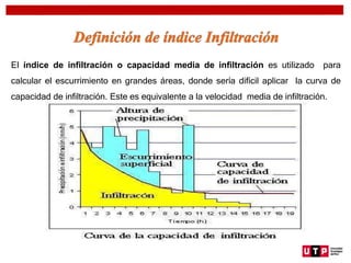 El índice de infiltración o capacidad media de infiltración es utilizado para
calcular el escurrimiento en grandes áreas, donde sería difícil aplicar la curva de
capacidad de infiltración. Este es equivalente a la velocidad media de infiltración.
 