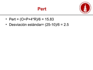 Pert
• Pert = (O+P+4*R)/6 = 15.83
• Desviación estándar= (25-10)/6 = 2.5
 