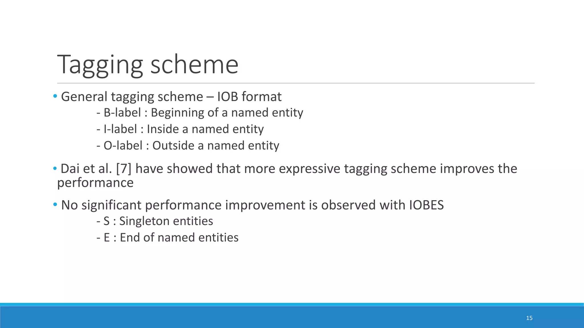Tagging scheme
• General tagging scheme – IOB format
- B-label : Beginning of a named entity
- I-label : Inside a named entity
- O-label : Outside a named entity
• Dai et al. [7] have showed that more expressive tagging scheme improves the
performance
• No significant performance improvement is observed with IOBES
- S : Singleton entities
- E : End of named entities
15
 