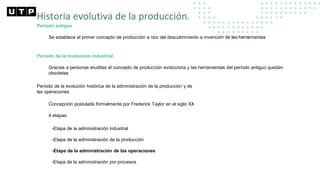 Historia evolutiva de la producción:
Período antiguo
Período de la revolución industrial
Período de la evolución histórica de la administración de la producción y de
las operaciones
Se establece el primer concepto de producción a raíz del descubrimiento e invención de las herramientas
Gracias a personas eruditas el concepto de producción evoluciona y las herramientas del período antiguo quedan
obsoletas
Concepción postulada formalmente por Frederick Taylor en el siglo XX
4 etapas:
-Etapa de la administración industrial
-Etapa de la administración de la producción
-Etapa de la administración de las operaciones
-Etapa de la administración por procesos
 
