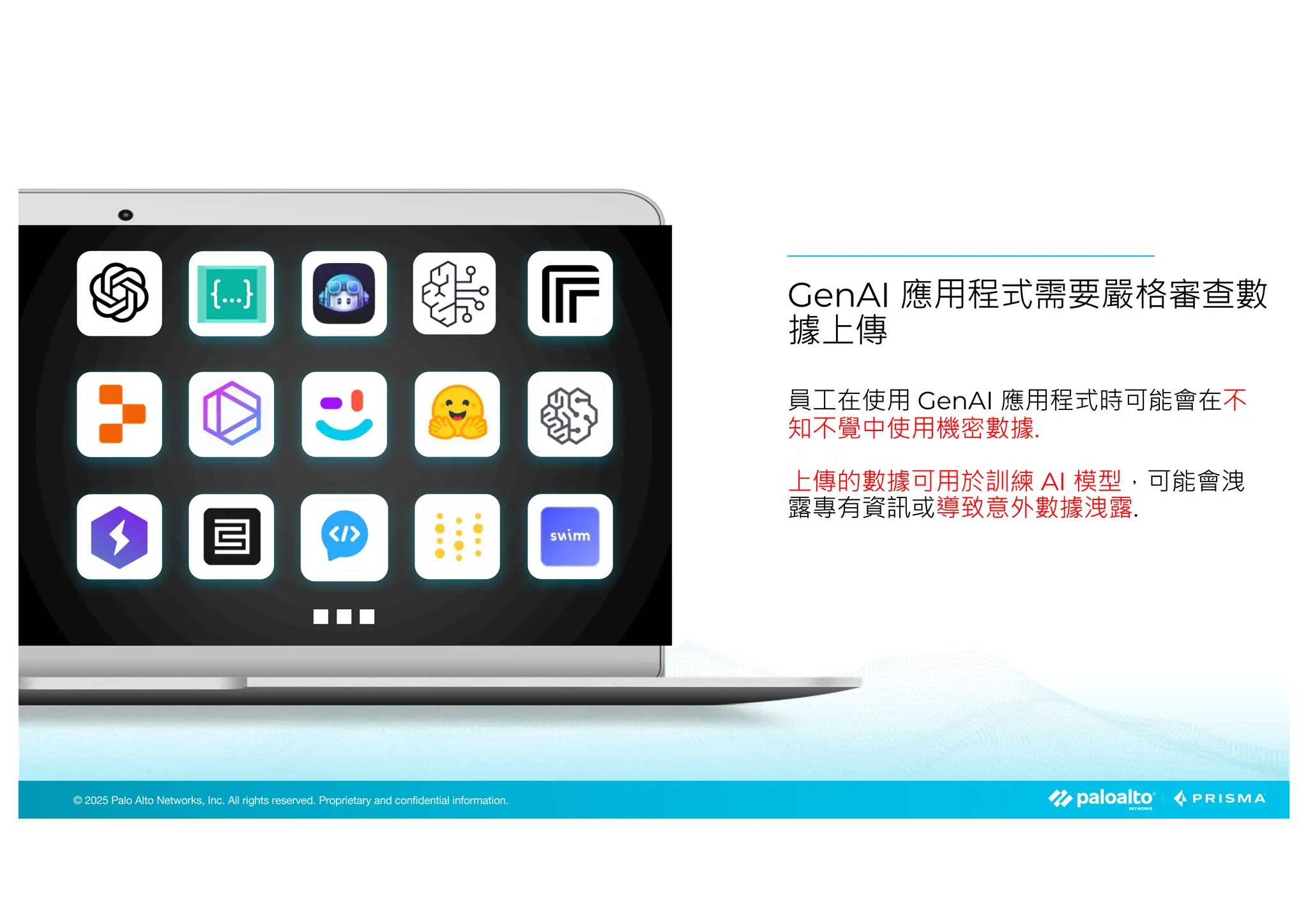 © 2024 Palo Alto Networks, Inc. All rights reserved. Proprietary and confidential information.
© 2023 Palo Alto Networks, Inc. All rights reserved. Proprietary and confidential information.
© 2025 Palo Alto Networks, Inc. All rights reserved. Proprietary and confidential information.
ChatGPT4
Enter your message to start a chat. This could be a question, a statement, or any other text.
You
Can you help me optimize the following code?
import boto3
aws_access_key_id=‘ACCESS_KEY_ID_HERE’
aws_access_key_id=‘SECRET_KEY_ID_HERE’
aws_session_token=‘SESSION_TOKEN_HERE’#Optional, only needed if you are
using temporary credentials
#Create a session using your credentials
session-botos3.Session(
aws_access_key_id=aws_access_key_id,
aws_secres_access_key=aws_secret_access_key,
aws_session_token=aws_session_token#Remove if not using temporary credentials)
E
員工在使用 GenAI 應用程式時可能會在不
知不覺中使用機密數據.
上傳的數據可用於訓練 AI 模型，可能會洩
露專有資訊或導致意外數據洩露.
GenAI 應用程式需要嚴格審查數
據上傳
 