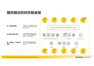 © 2025 Palo Alto Networks, Inc. All rights reserved. Proprietary and confidential information.
© 2024 Palo Alto Networks, Inc. All rights reserved. Proprietary and confidential information.
隨時隨地即時防範威脅
© 2025 Palo Alto Networks, Inc. All rights reserved. Proprietary and confidential information.
IoT/OT
Devices
Contractors
Branch
Campus
SaaS
Data
Center
Internet
Public
Cloud
Hybrid
Workers
AI Apps
政策制定一次，隨處執行。使用
生成式人工智慧主動加強安全性
並防止中斷。
統一管理與營運
Strata Cloud Manager with built-in ADEM, AIOps and Copilot
使用機器學習和深度學習應用
於來自 70,000 多個客戶的豐
富資料，即時預防威脅。
AI 驅動的即時安全
透過一致的作業系統簡化安全
性。透過合適的建置保護每個
位置。
單一感測器，多種外形
種類
Precision AI Network Security Bundle IoT/OT Security
Data Security
Hardware Prisma
Software
 