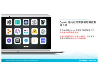 © 2024 Palo Alto Networks, Inc. All rights reserved. Proprietary and confidential information.
© 2023 Palo Alto Networks, Inc. All rights reserved. Proprietary and confidential information.
© 2025 Palo Alto Networks, Inc. All rights reserved. Proprietary and confidential information.
ChatGPT4
Enter your message to start a chat. This could be a question, a statement, or any other text.
You
Can you help me optimize the following code?
import boto3
aws_access_key_id=‘ACCESS_KEY_ID_HERE’
aws_access_key_id=‘SECRET_KEY_ID_HERE’
aws_session_token=‘SESSION_TOKEN_HERE’#Optional, only needed if you are
using temporary credentials
#Create a session using your credentials
session-botos3.Session(
aws_access_key_id=aws_access_key_id,
aws_secres_access_key=aws_secret_access_key,
aws_session_token=aws_session_token#Remove if not using temporary credentials)
E
員工在使用 GenAI 應用程式時可能會在不
知不覺中使用機密數據.
上傳的數據可用於訓練 AI 模型，可能會洩
露專有資訊或導致意外數據洩露.
GenAI 應用程式需要嚴格審查數
據上傳
 